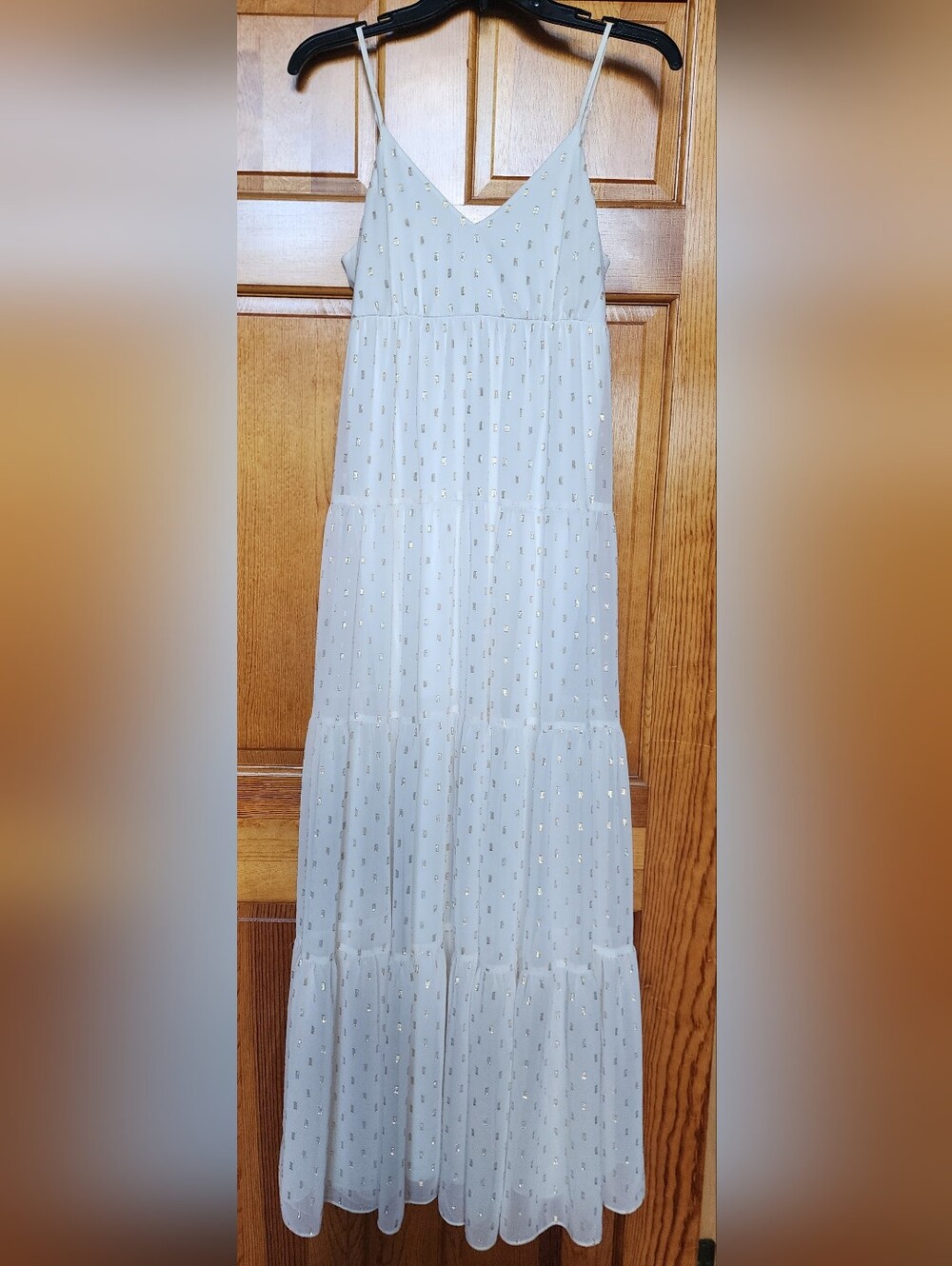 Express Women's White Maxi Dress with Gold Foil Squares- Fully Lined.